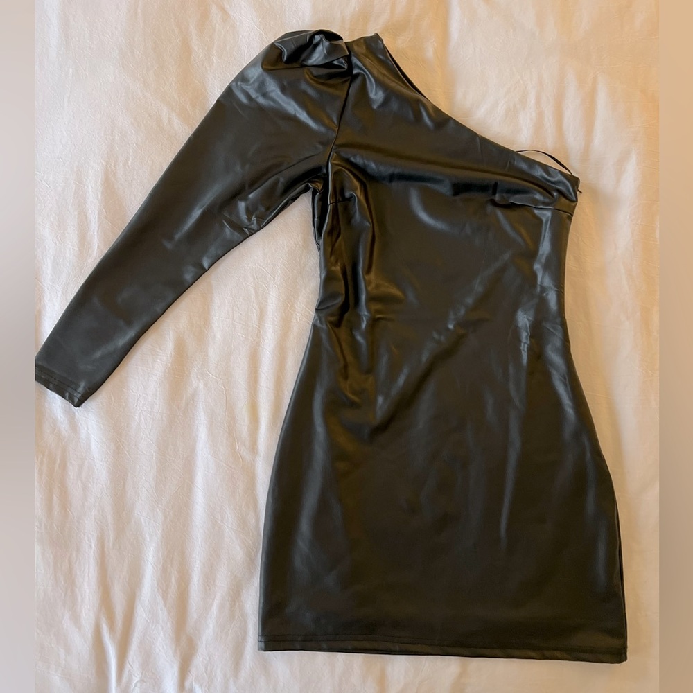 Faux leather one-shoulder mini dress